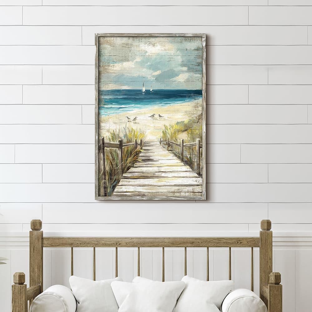 Framed Beach Seascape Wood Artwork: Vertical Rustic Ocean Boardwalk Artwork Vintage Coastal Wave Scene Painting