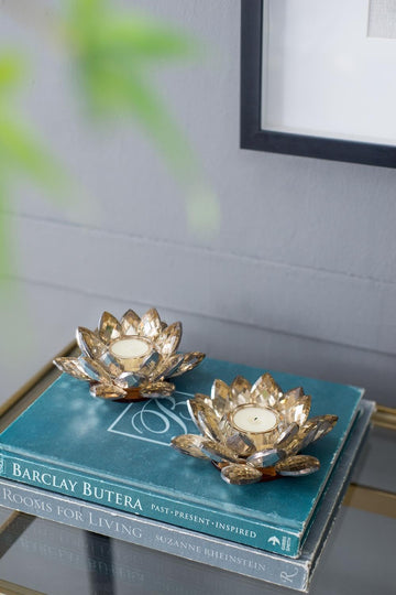 6x6x2 Elegant Crystal Lotus Flower Candle Holders Set of 2 - Luxurious Glass Tealight Holders Décor