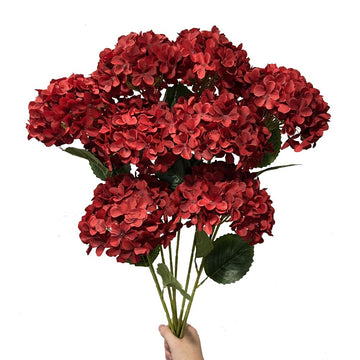 8pcs Red Hydrangea Artificial Flowers 27.58" Large Realistic Single Long Stem Faux Silk Hydrangeas Bouquets Flower