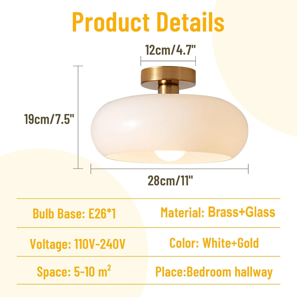 Mid Century Modern Ceiling Light - MCM Milk Glass Flush Mount with 11" White Dome Shade - Gold Brass Ceiling Lamp