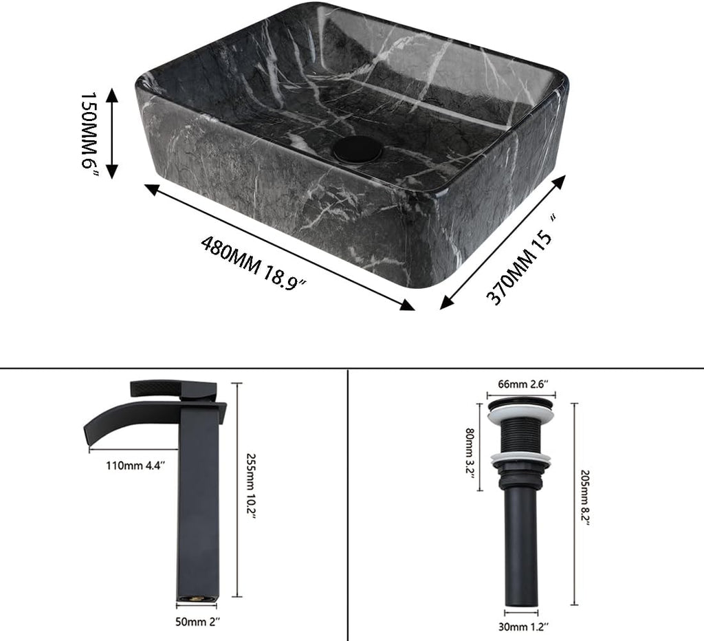 Black Marble Bathroom Vessel Sink With Faucet and Drain 19x15 Inch Rectangular Ceramic Sink Marbling Basin Bowls Above