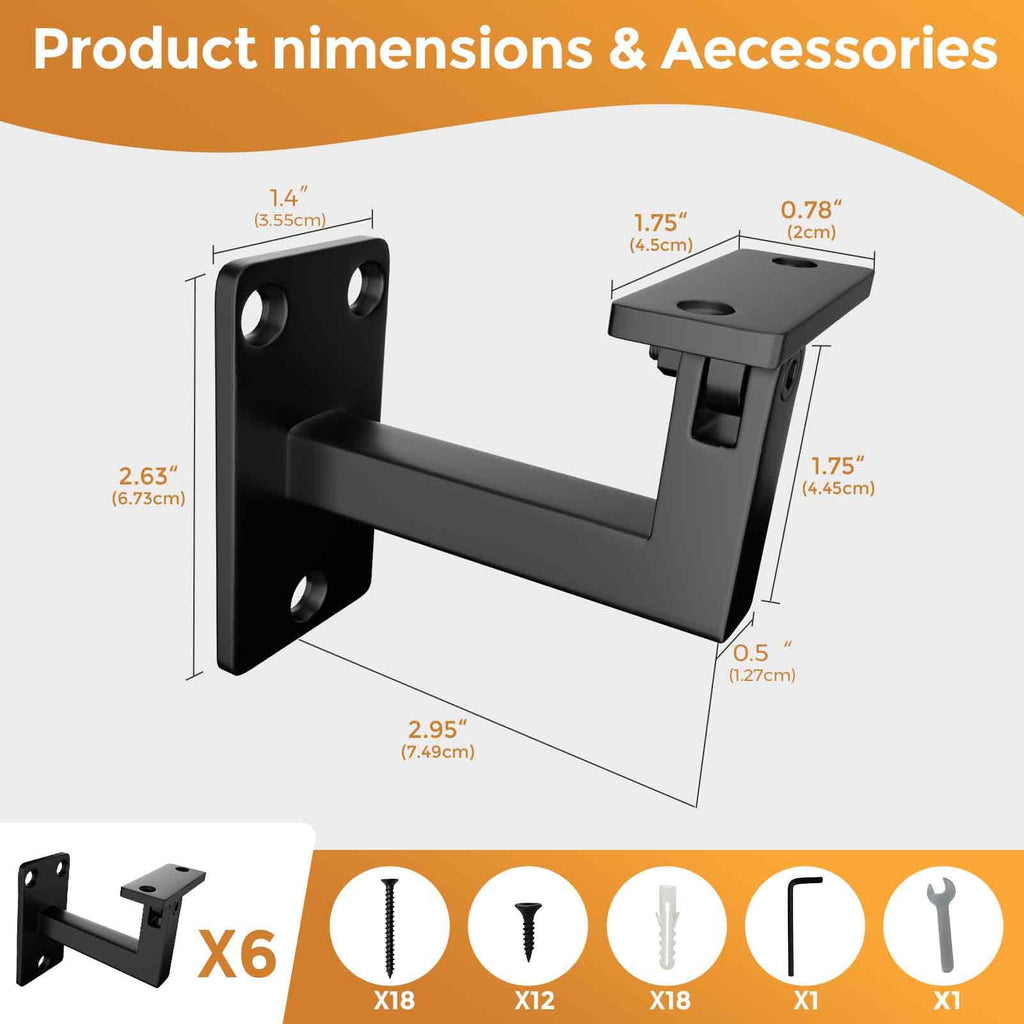 6 Pack Black handrail Brackets for Stairs, Black Rustproof