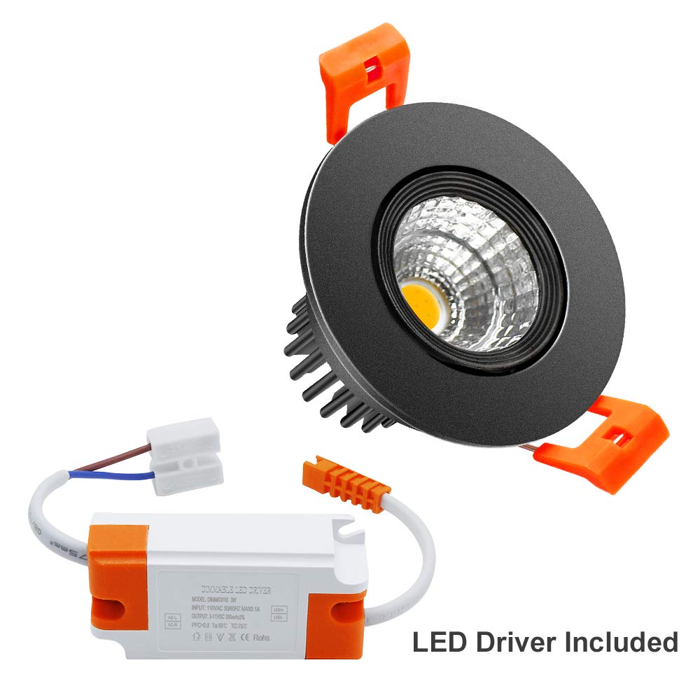 2inch LED Dimmable Downlight, 3W COB Recessed Ceiling Light, Daylight White 5500K-6000K, CRI80, 25W Halogen Bulbs