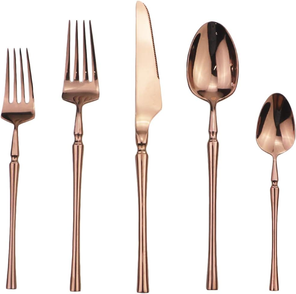 20-Piece Copper Flatware Set 304 Stainless Steel Fork Spoon Cutlery Luxury Mirror Polished Silverware, Dishwasher Safe