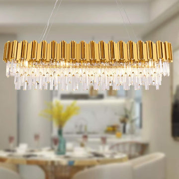 Inspired Odeon Style Gold Oval Raindrop Crystal Linear Chandelier W51"