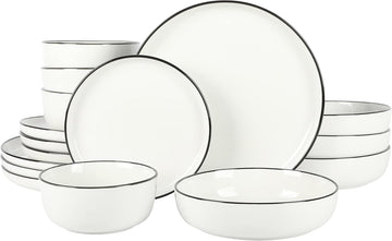 Oslo 16-Piece Porcelain Dinnerware Set, Service for 4 - White Plates with Black Rim, Microwave & Dishwasher Safe