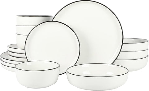 Oslo 16-Piece Porcelain Dinnerware Set, Service for 4 - White Plates with Black Rim, Microwave & Dishwasher Safe