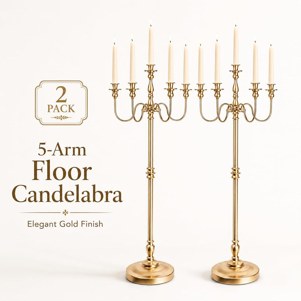 Gold Candelabra Floor Candle Holders, 2 Pack 50 Inch Tall 5 Arm Metal Candelabra Centerpieces for Tables, Wedding
