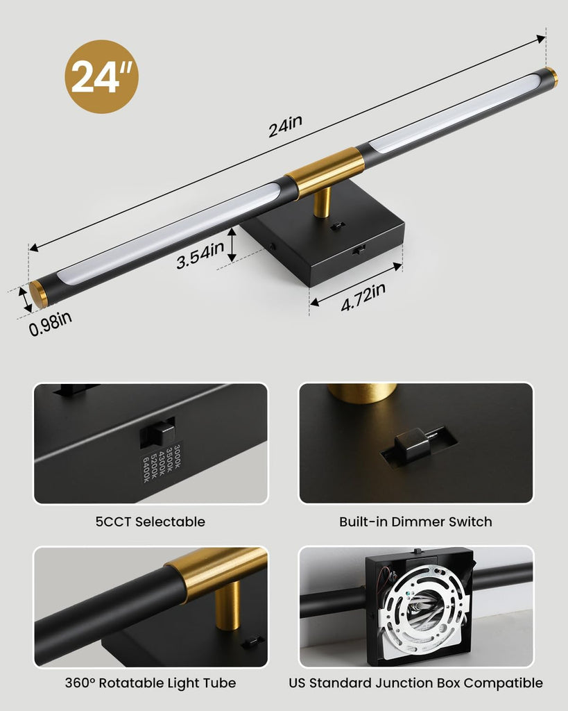 Black Gold Vanity Light , 24 inch 5CCT 360° Rotatable Bathroom Light Fixture Over Mirror Dimmable LED Vanity Lighting