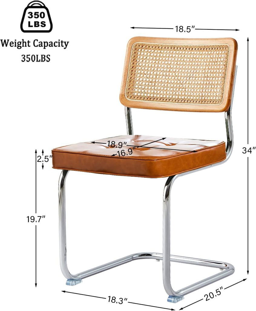 Rattan Dining Chairs Set of 2, Faux Leather Mid Century Modern Dining Room Chairs, Mesh Back Cane Kitchen Chair