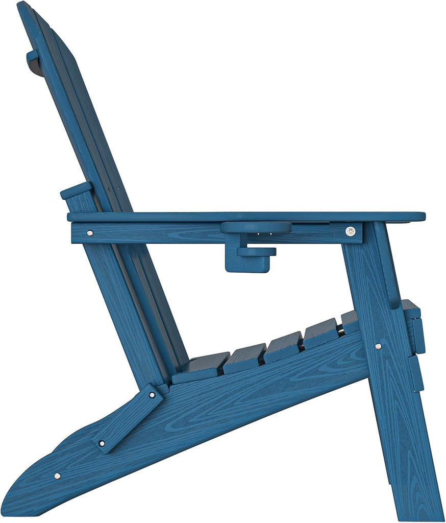 Folding Adirondack Chair with Cup Holder, HDPE All-Weather, Navy | SGS Tested, Faux Wooden Textured, Heavy