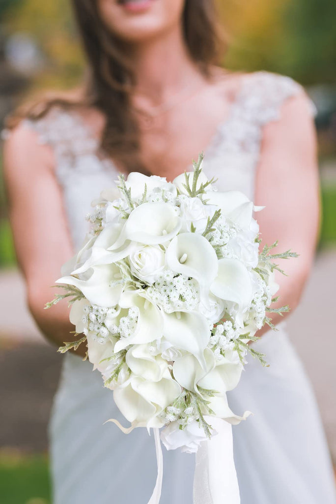 Bride Bouquets for Wedding, 11 Inch White Calla Lily Cascading Bridal Bouquet Silk Flowers for Ceremony Anniversary