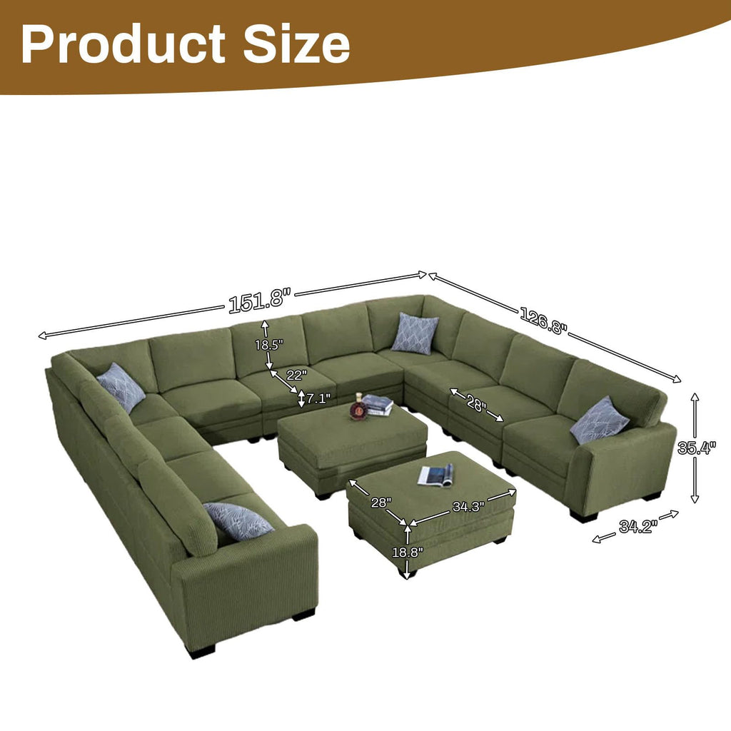 Oversized Modular Sectional Sofa, U/L‐Shaped Reversible Couch with Ottoman, Deep Seat Corduroy Sofa, 13‐Seater, Olive
