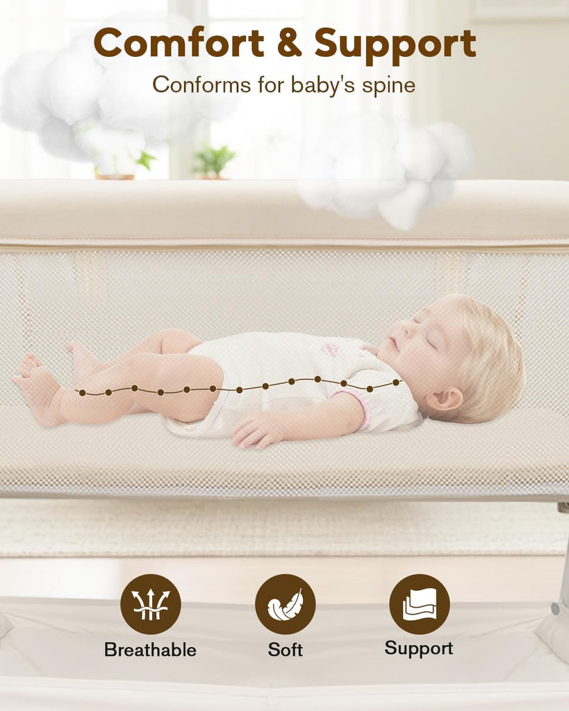 Bassinet, Bedside Bassinet for Baby | Bassinet Bedside Sleeper with Mattress, Storage Basket and 4 Auto-Lock Wheels