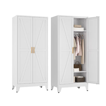 Metal Wardrobe Cabinet, 71" Farmhouse Storage Cabinet with Hanging Rod, 2 Barn Door, 2 Adjustable Shelves and Legs