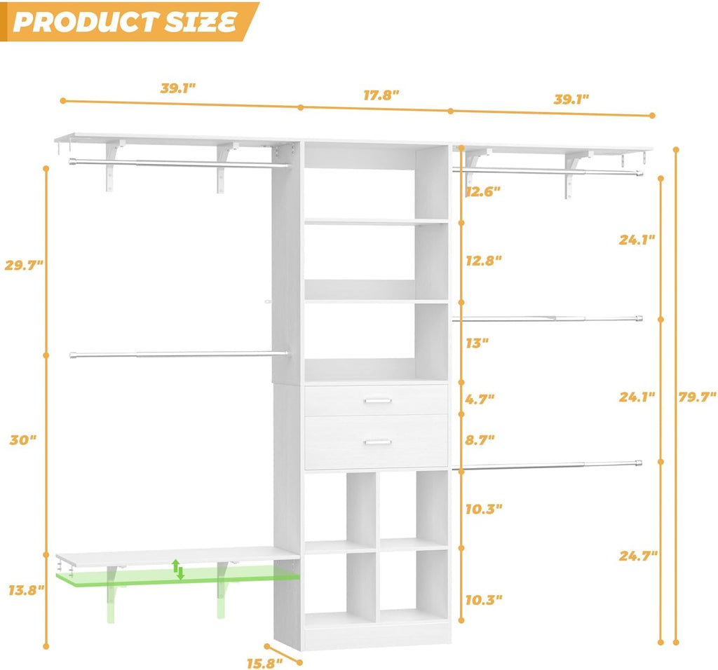 Closet System - 5-8FT Closet Organizer System with Wooden Drawers & Cube Storage Organizer, Up To 96" Closet Systems