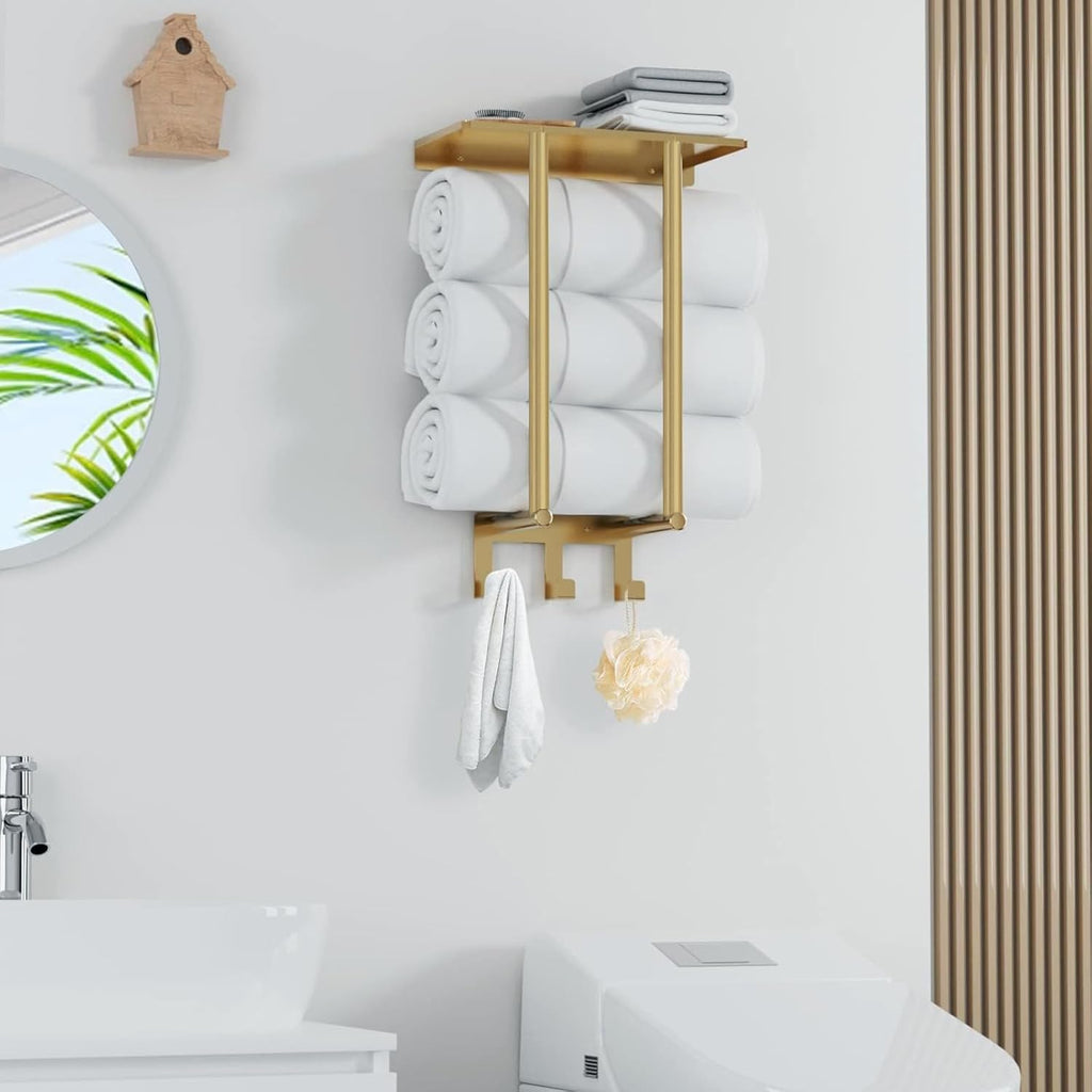 Gold Towel Rack with Shelf, Bath Towel Storage | Stainless Steel 3 Hooks Towel Racks for Small Bathroom Wall Mounted