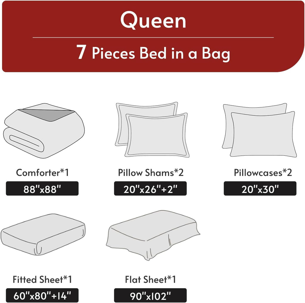 7 Pieces Comforter Set, Reversible Bed in a Bag, All Season Bedding Set with Comforter, Flat Sheet