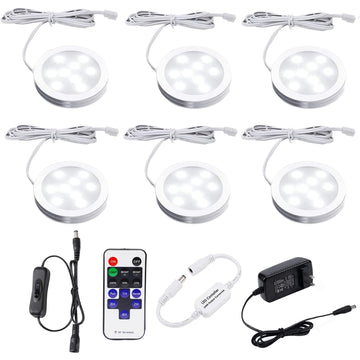 LED Under Cabinet Lighting Dimmable with RF Remote Control, 6 LED Puck Lights, Total of 12W, Count Closet Wardrobe