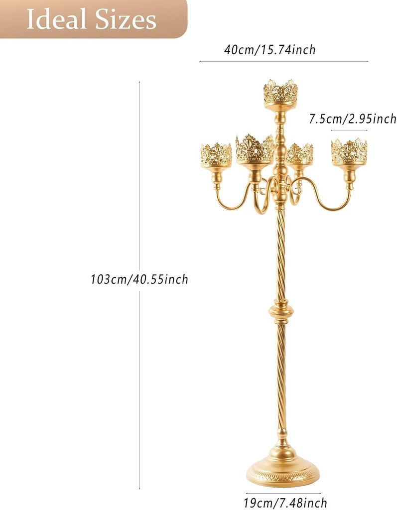 Gold Floor Candelabra, 40'' Tall Floor Candle Holders, 2 Pcs Metal 5 Arm Candelabra Centerpiece Decorations for 5