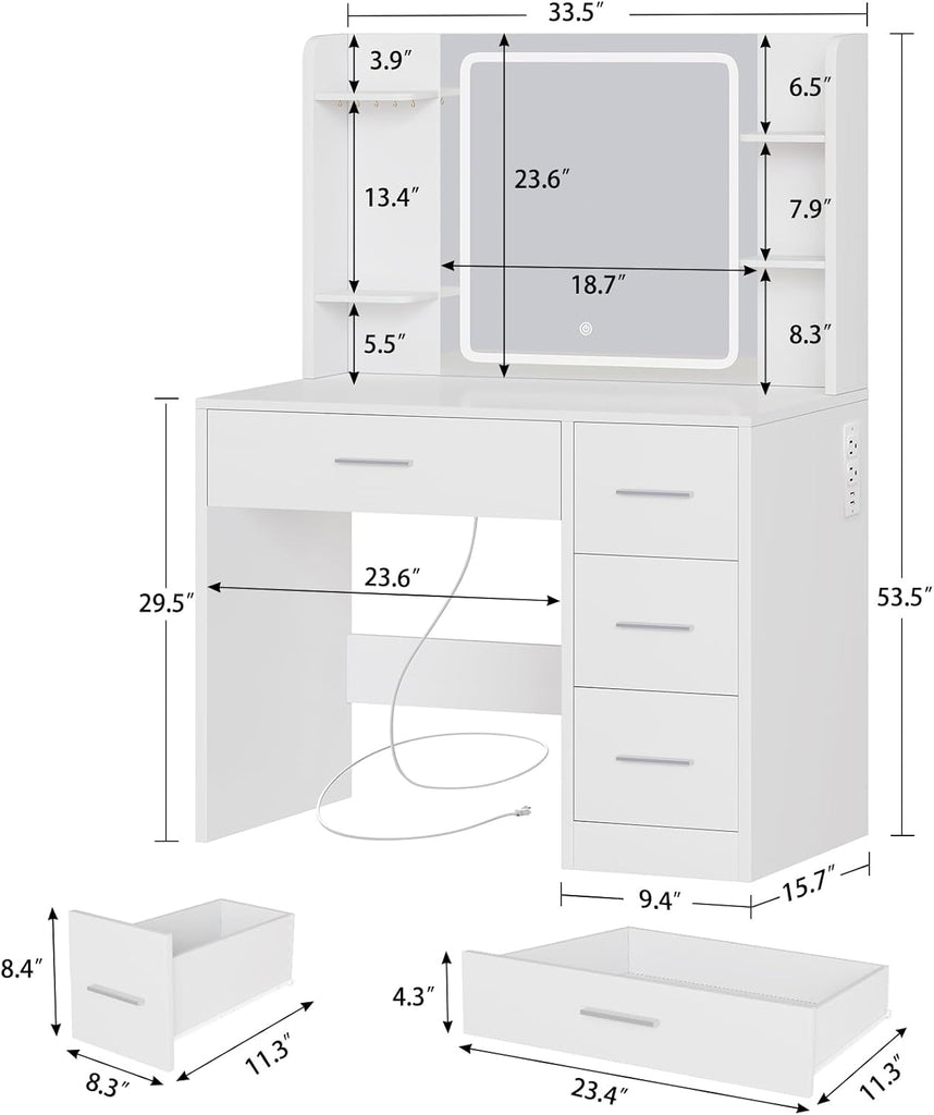 Vanity Desk with Mirror and Lights, Makeup Vanity with Power Outlet and 4 Drawers & 6 Shelves & 5 Hooks, 3 Color