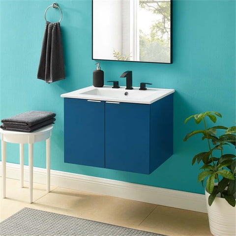 24" Wall-Mounted Bathroom Vanity, Modern Floating Cabinet in Navy and White