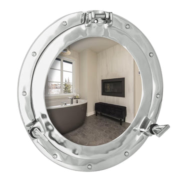 Porthole Mirror - 30 Inch Nickel Silver White Finish | Nautical Wall Décor | Antique Wall Mounted Aluminium and