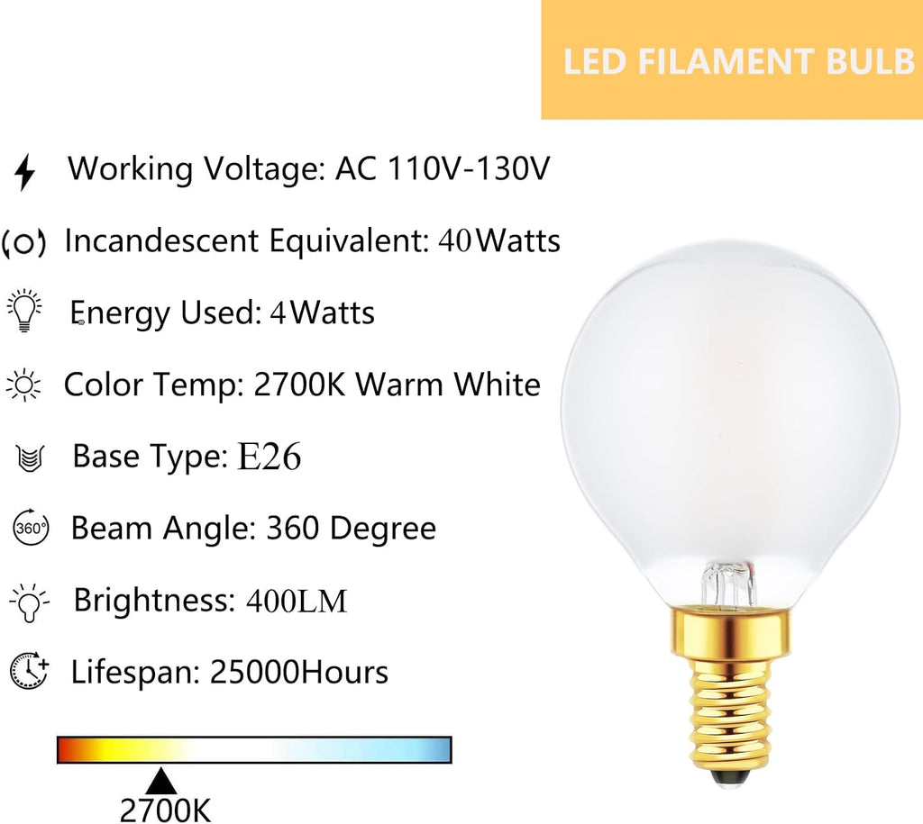 G16.5 Light Bulb 40 Watt Equivalent E12 Candelabra Base Globe LED Bulbs, E12 LED Globe Bulb Dimmable 4W 2700K Warm (6 Pack)