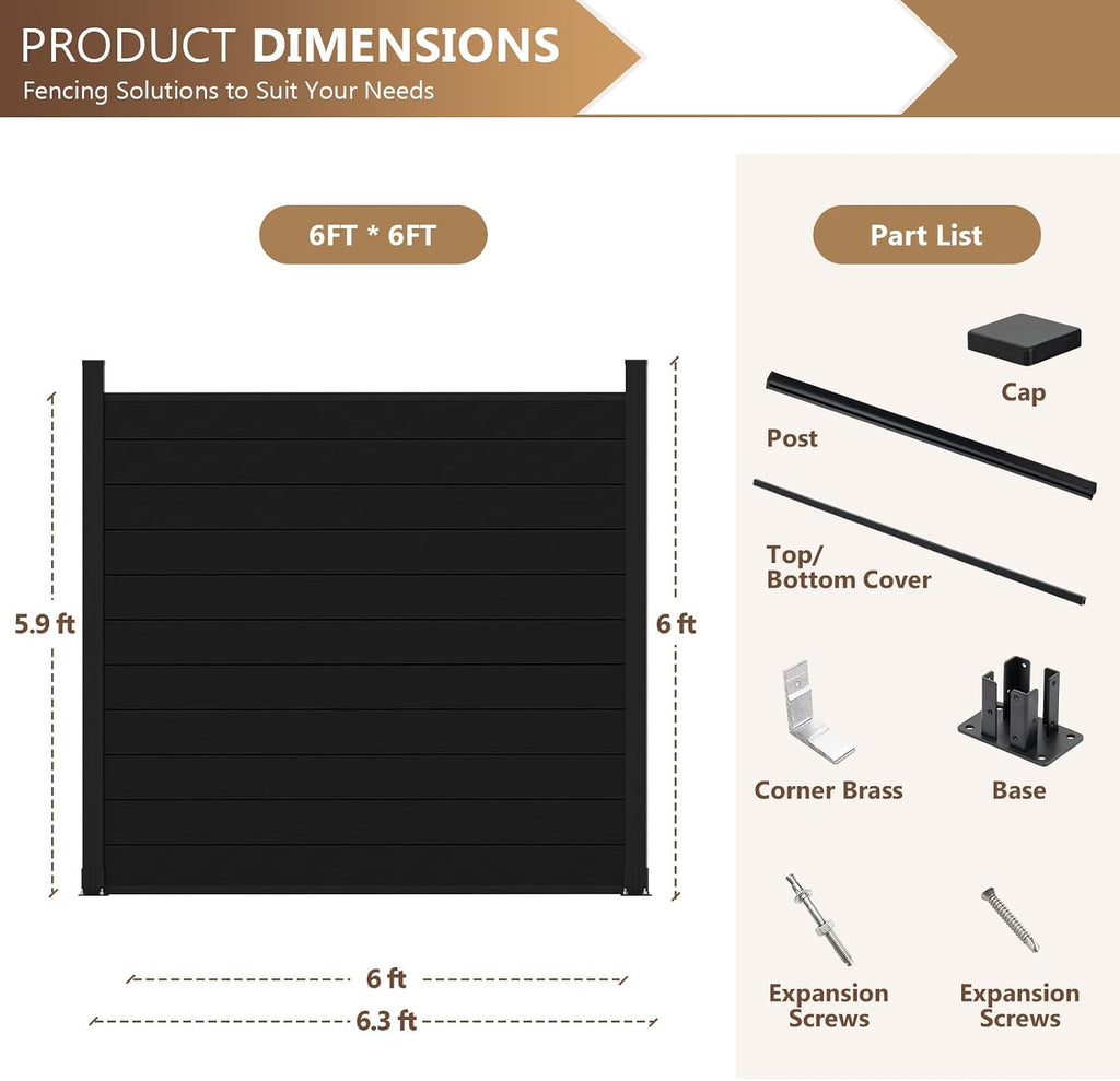 6 Ft×6 Ft Aluminum Alloy Fence Panels, Black Privacy Fence, Garden, Backyard, Wind Resistant Fence with 2 No-dig Post
