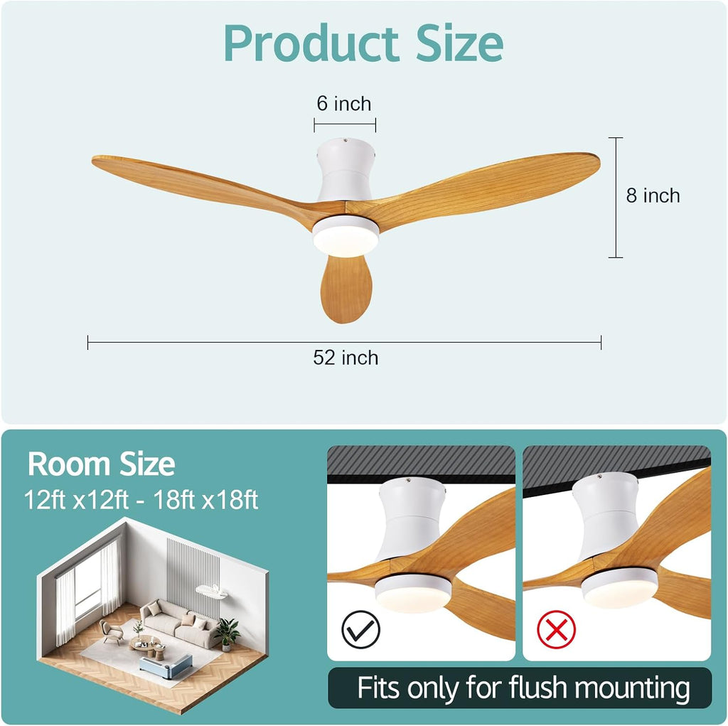 52 Inch Inspired Maverick Style Low Profile Smart Ceiling Hugger Fan with LED Light & Remote - Flush Mount, WiFi Alexa, 6-Speed Reversible - White