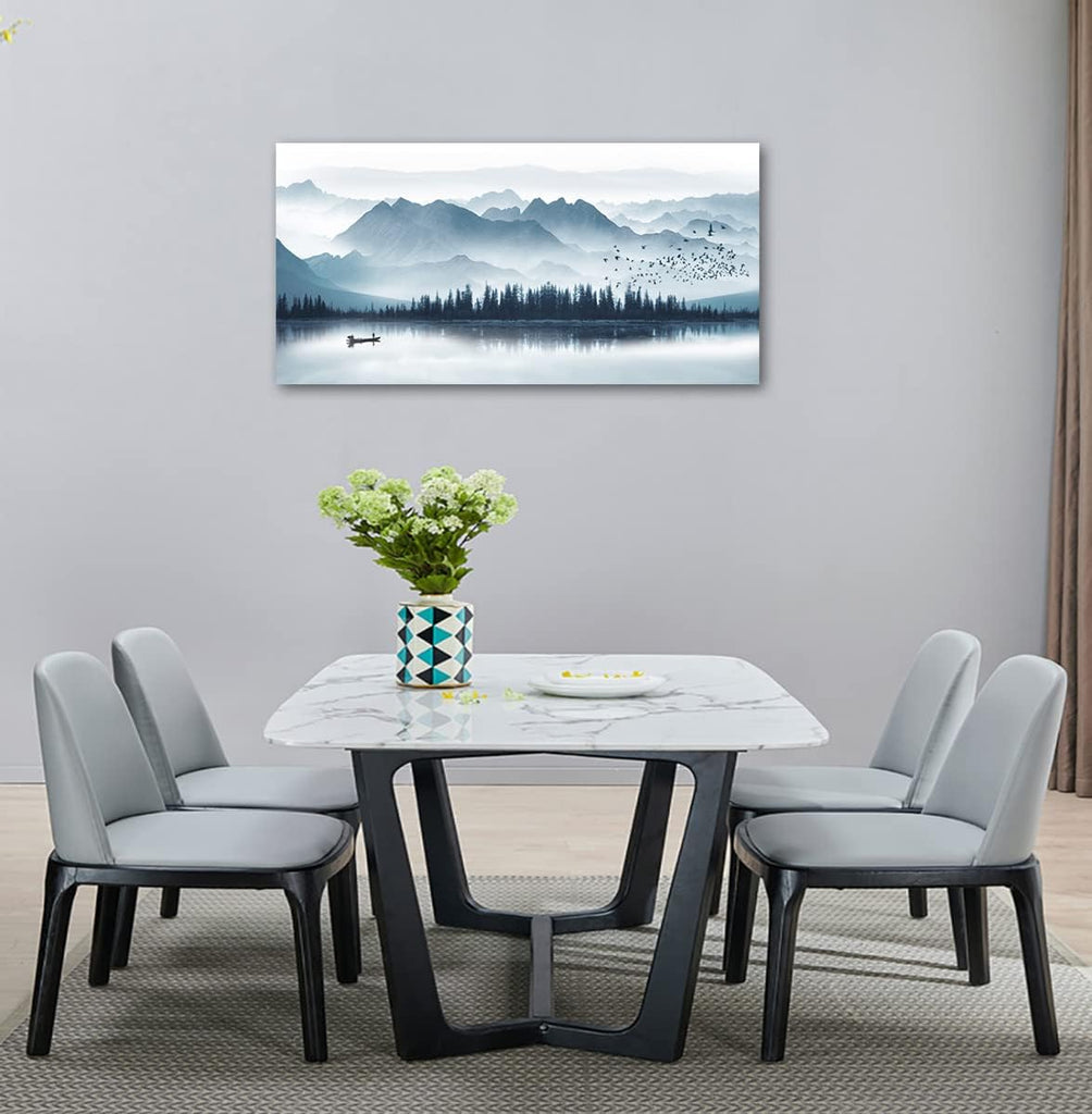 Indigo Canvas Wall Art Misty Mountain Wall Pictures Foggy Lake Boat Painting Print Blue Forest Birds Artwork Wall