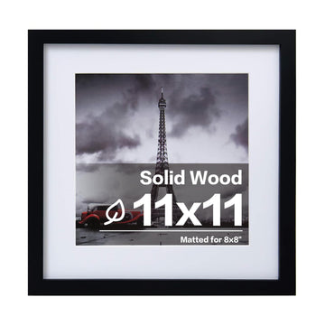 11x11 Picture Frame Black Covered by Plexiglass, Display Pictures 4x4/8x8 with Mat Made of Solid Wood for Table Top