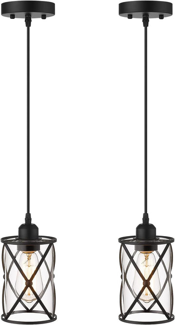 Glass Pendant Lights Kitchen Island 2 Pack, Black Mini Pendant Light with Clear Glass, Farmhouse Industrial Cage