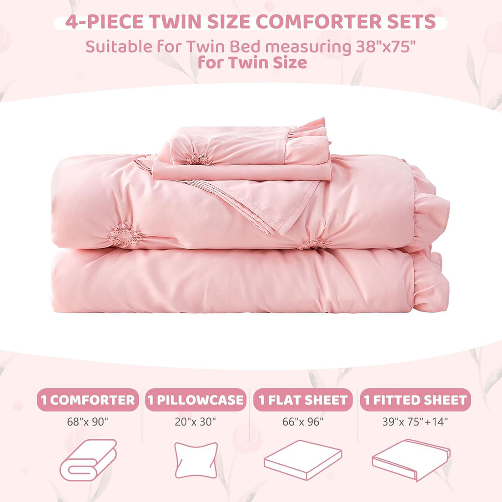 Twin Comforter Set for Girls, Boho Pintuck Bedding Comforter Sets, 4 Pieces Ruffles Jacquard Embroidery Twin Bedding