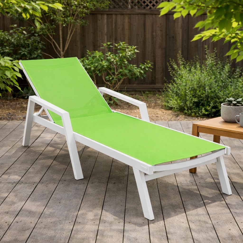 Marlin Patio Chaise Lounge Chair, Adjustable Outdoor White Aluminum Lounge with Breathable Mesh Sling Back