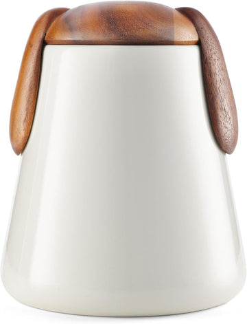 Dog Treat Jar | Pet Food Storage Container | Puppy Ears Design | Made of Porcelain with Acacia Wood Lid | Measures