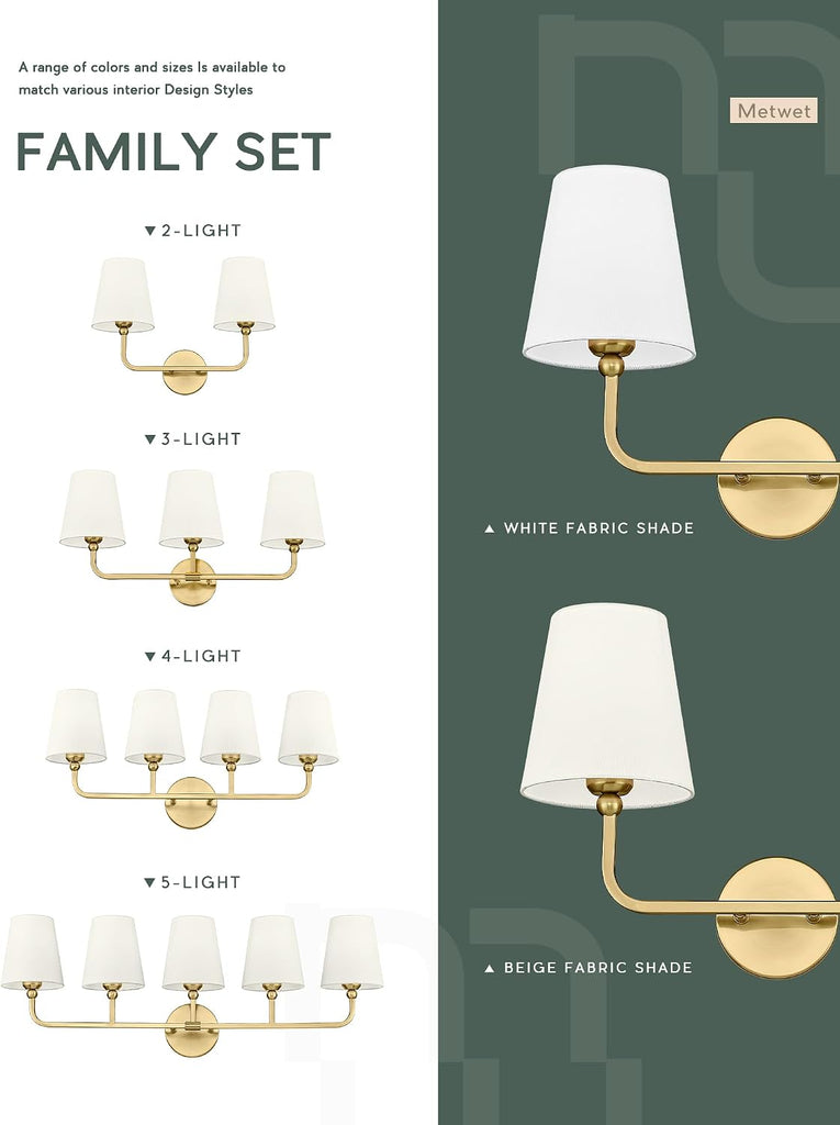 3-Light Brushed Gold Bathroom Vanity Light, Beige Fabric Shades | 24.5" bathroom light fixtures over mirror, upward