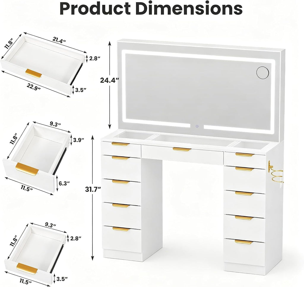 Glass Top Vanity Desk with Mirror and Lights, 11 Drawers Makeup Vanity with Charging Station, Golden Handles Dressing
