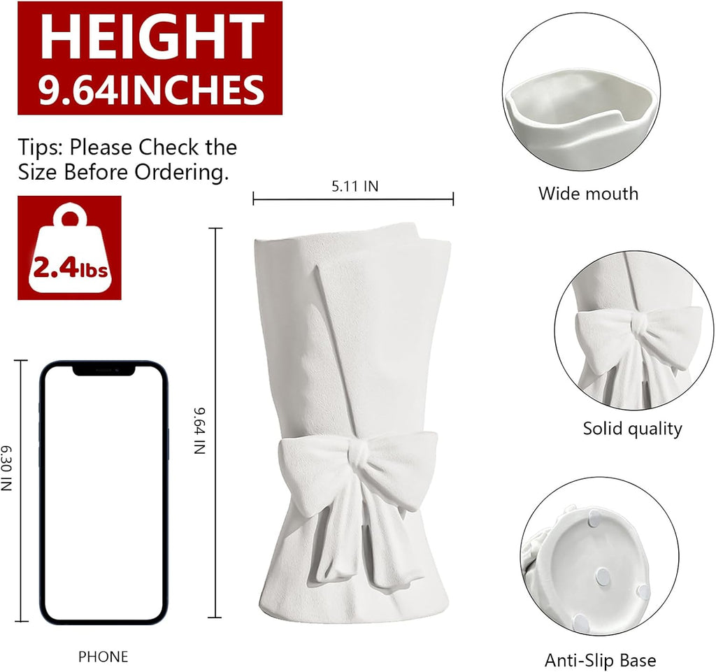White Ceramic Bow Vase Unique Cute Decorative Bouquet Flower Vases 9.64 in Summer Home Decor Vase