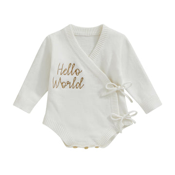 Newborn Baby Boy Girl Clothes Hello World Letter Print Long Sleeve Romper Knit Sweater Onesie Coming Home Outfit