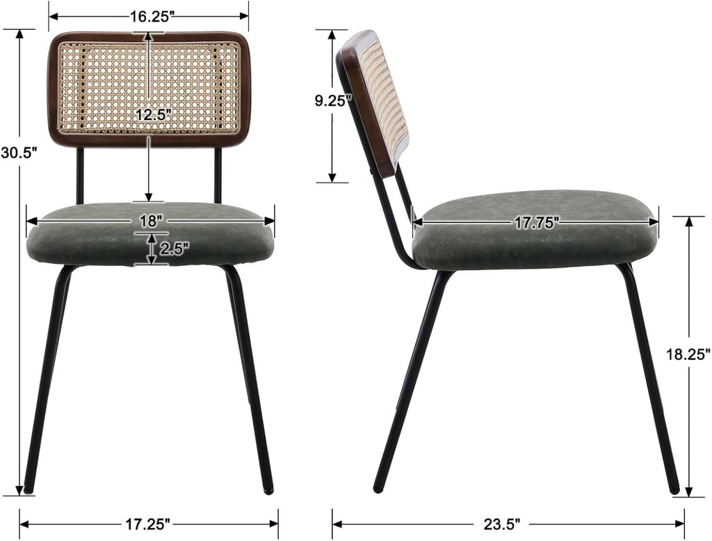 Rattan Dining Chairs Set of 2, PU Leather Upholstered Dining Chairs with Cane Back and Metal Legs for Dining Room or Living Room, Green