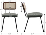 Rattan Dining Chairs Set of 2, PU Leather Upholstered Dining Chairs with Cane Back and Metal Legs for Dining Room or Living Room, Green