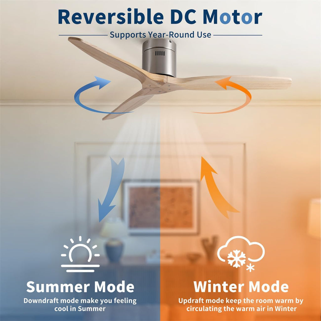 52" American Farmhouse Rustic Elegance Classical Solid Wood Low Profile Flush Mount Ceiling Fan without Light