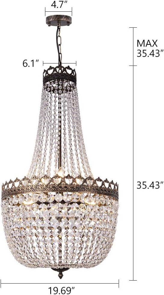 Crystal Chandelier Lights, 9 Lights French Empire Chandelier Lighting High Ceiling Hanging Pendant Light Fixture for Dining Living Room Foyer Kitchen Bedroom, Antique Bronze 19.69'' W