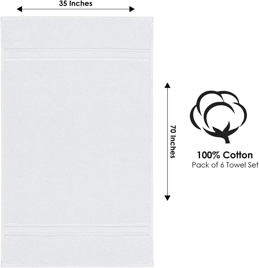 Terry Bath Sheet Set of 6 White Bath Towels Set 35x70 Inches, 100 Combed Long Staple Cotton 600 GSM Highly Absorbent