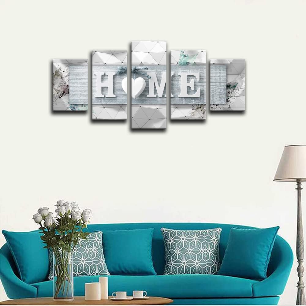 Home Love Wall Art Canvas Blue and White 5 Panels Framed Painting Decoration Modern Still Life Love Stretched Artwork