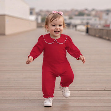 Baby Coming Home Outfit Boy Girl Plain Long Sleeve Romper Jumpsuit (Scalloped Collar-Red, )