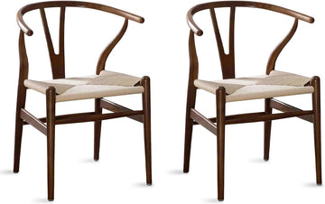 Wishbone Chair, Weave Solid Wood Mid-Century Modern Y Shaped Backrest Dining Chair (Walnut Set of 2)