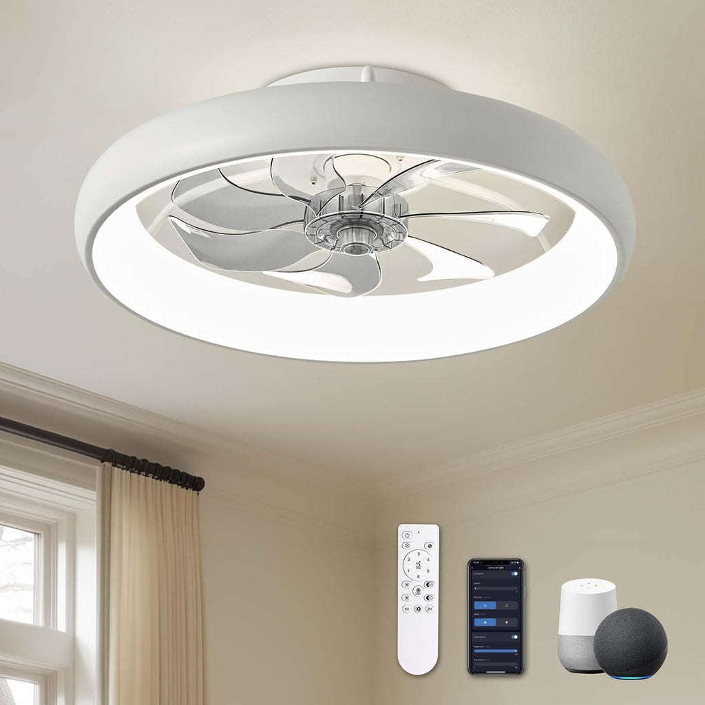 20" Modern White Flush Mount Ceiling Fan with Lights, 6 Wind Speeds, LED, Voice Control, Bedroom, Living Room, Kitchen A101-B0CQYD6LKS