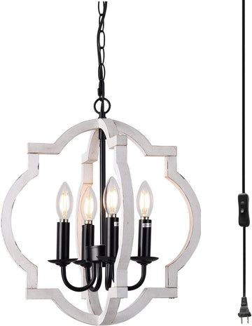 Plug in Chandelier with 16.4ft Cord,Plug in Pendant Light,Orb Wood Farmhouse Light fixtures